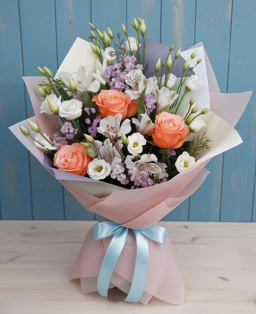 Букет цветов из: Лизиантусы, Розы, Альстромерии и Гипсофила в Инсаре